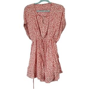 Free People Red Floral Print Smocked Waist Mini Dress Womens Size M coquette